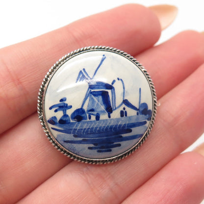 835 Silver Antique Delft Ceramic Old Windmill Round Pin Brooch