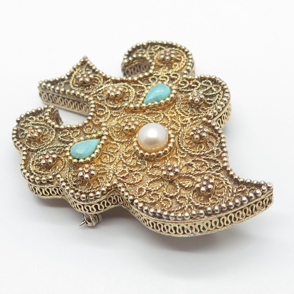 925 Sterling Silver Gold Plated Antique Real Pearl & Turquoise Tree Pin Brooch