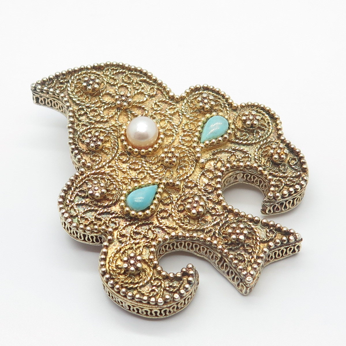 925 Sterling Silver Gold Plated Antique Real Pearl & Turquoise Tree Pin Brooch