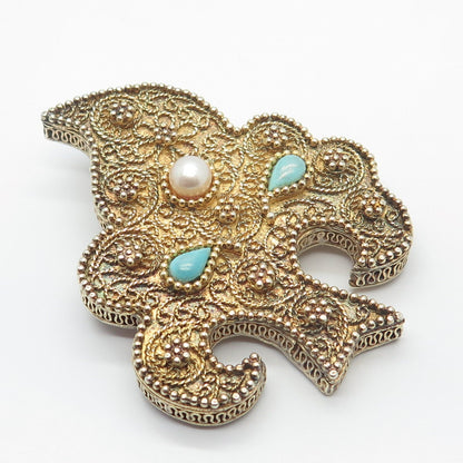 925 Sterling Silver Gold Plated Antique Real Pearl & Turquoise Tree Pin Brooch