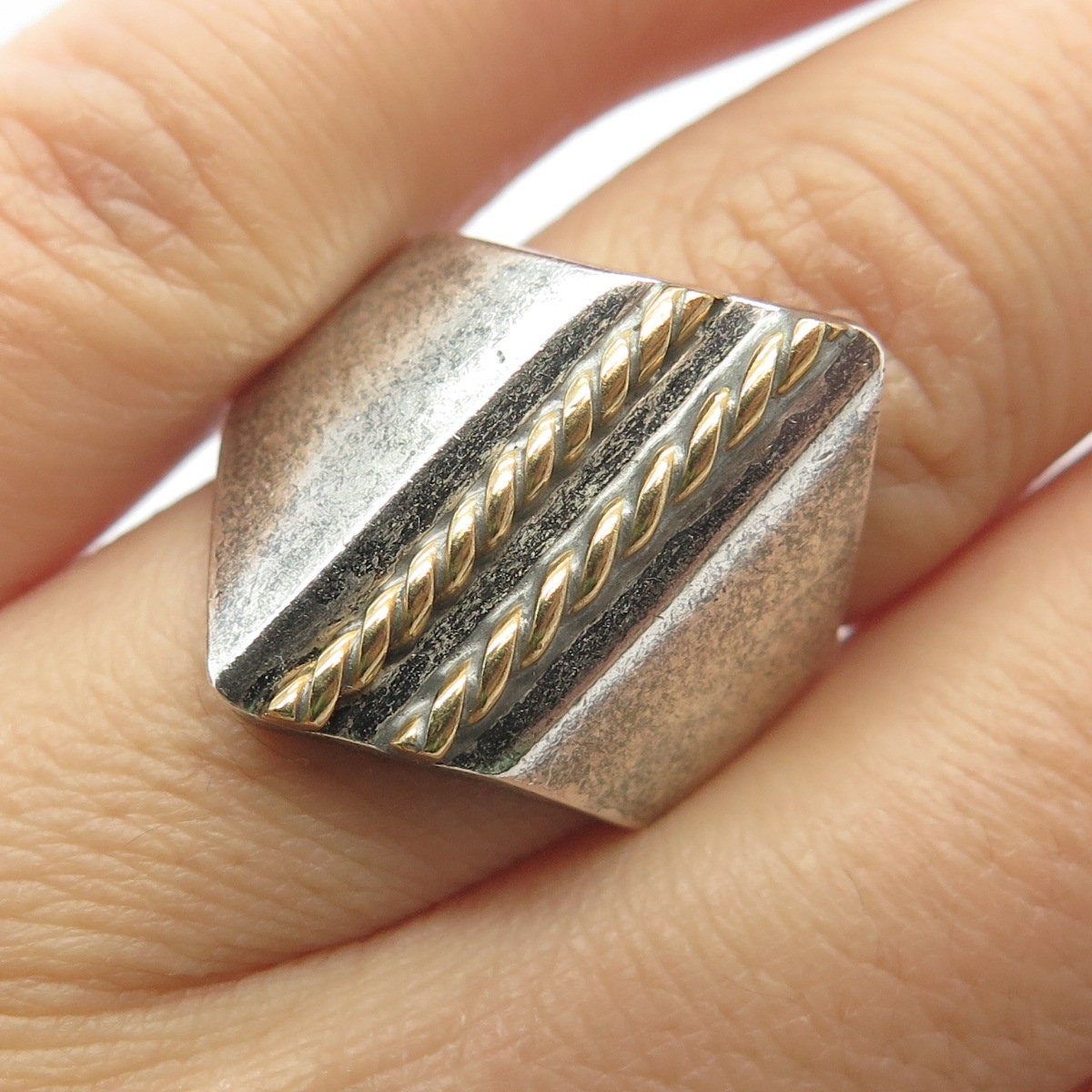 925 Sterling Silver 2-Tone Vintage Mexico Twisted Signet Ring Size 7.75