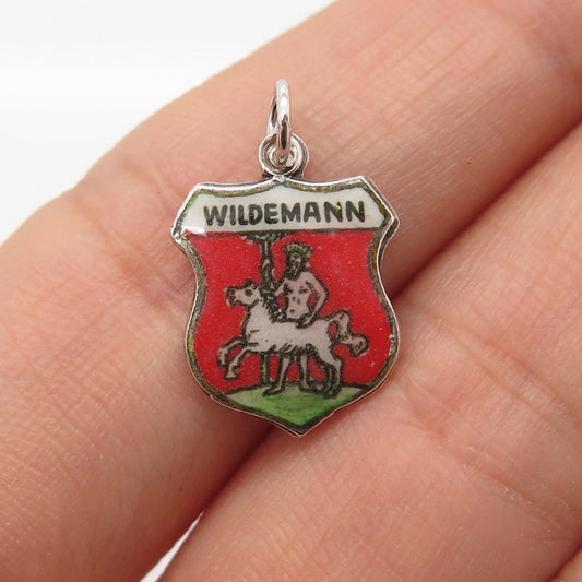 800 Silver Vintage EHI Colorful Enamel "Wildemann" Coat of Arms Charm Pendant