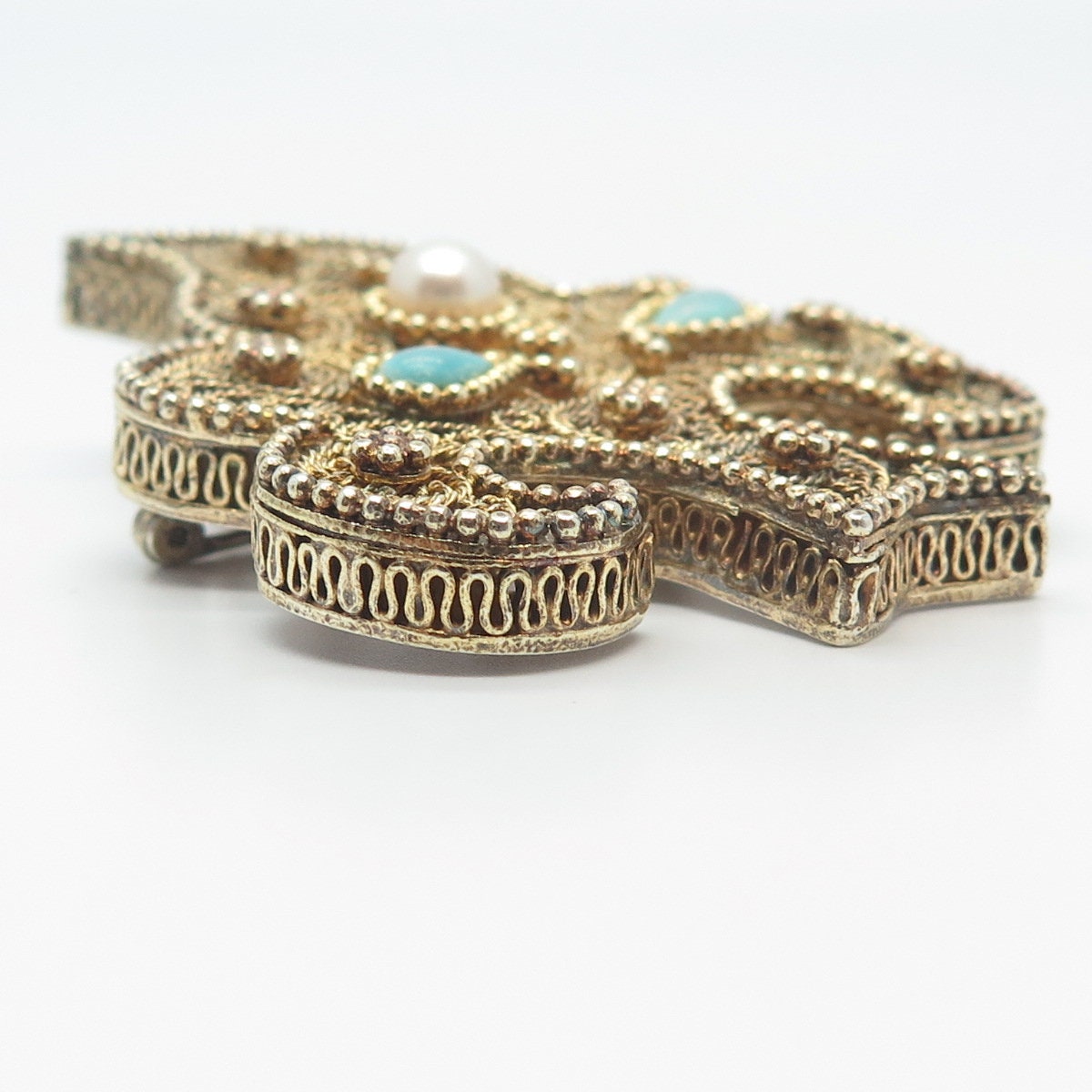 925 Sterling Silver Gold Plated Antique Real Pearl & Turquoise Tree Pin Brooch