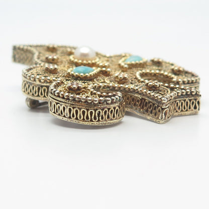 925 Sterling Silver Gold Plated Antique Real Pearl & Turquoise Tree Pin Brooch