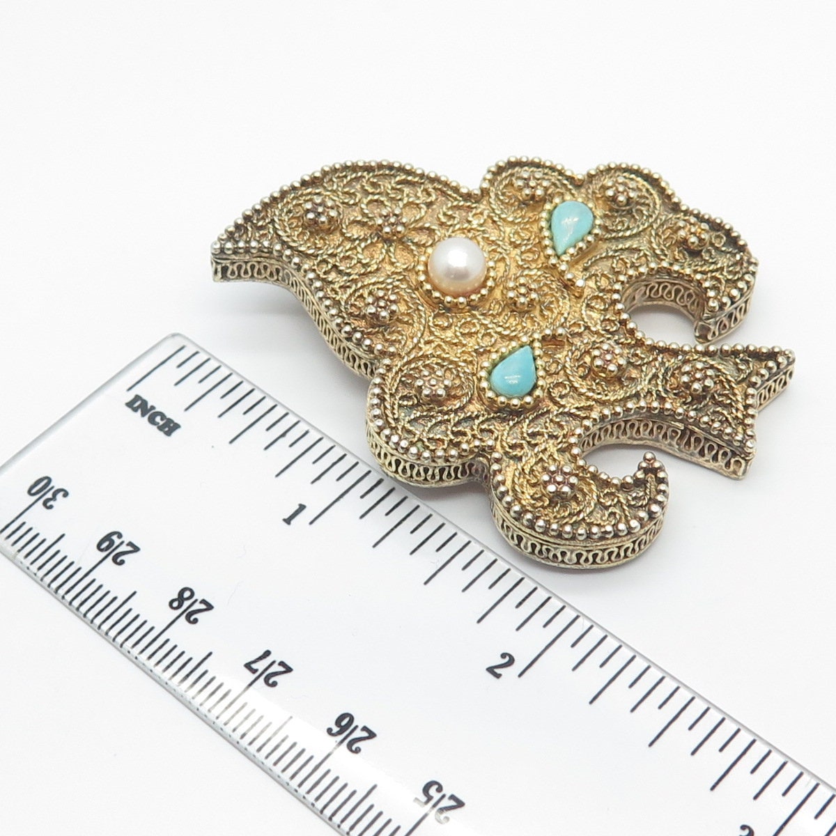 925 Sterling Silver Gold Plated Antique Real Pearl & Turquoise Tree Pin Brooch