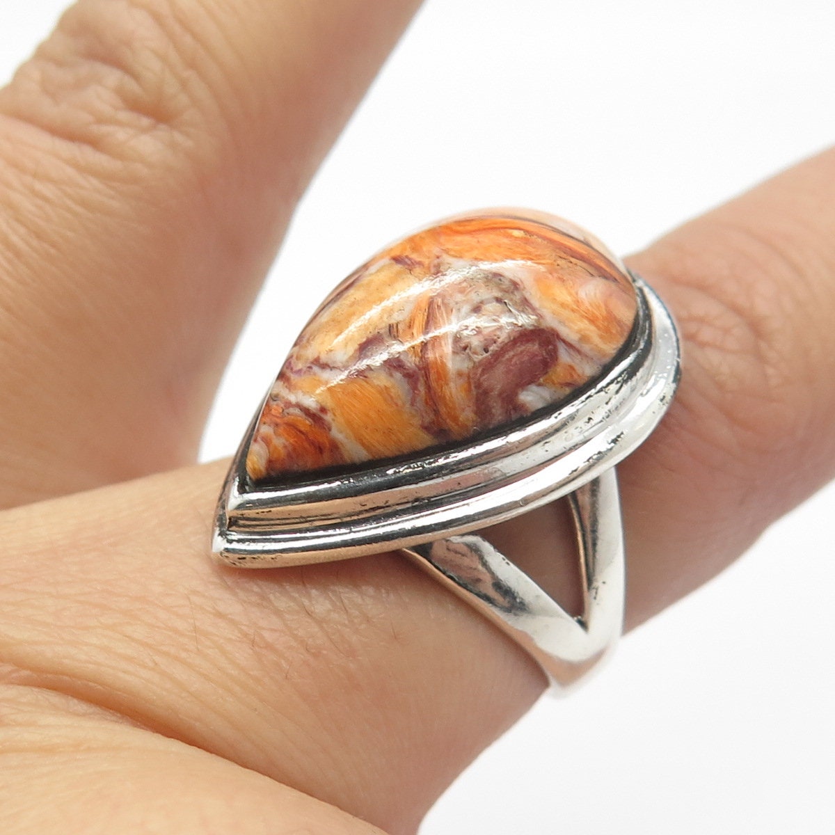 925 Sterling Silver Vintage Real Agate Gemstone Teardrop Ring Size 7