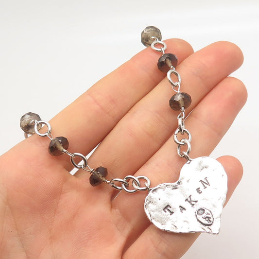 925 Sterling Silver Smoky Quartz "Taken Available" Heart Bead Chain Necklace 16"