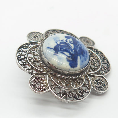 835 Silver Antique Ceramic Windmill Filigree Pin Brooch