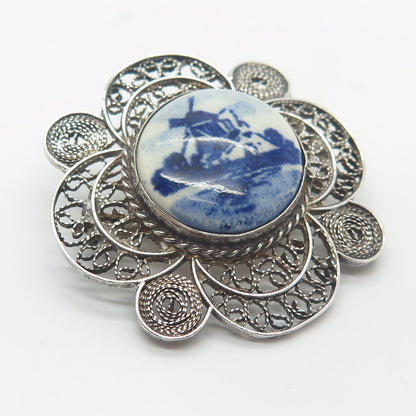 835 Silver Antique Ceramic Windmill Filigree Pin Brooch
