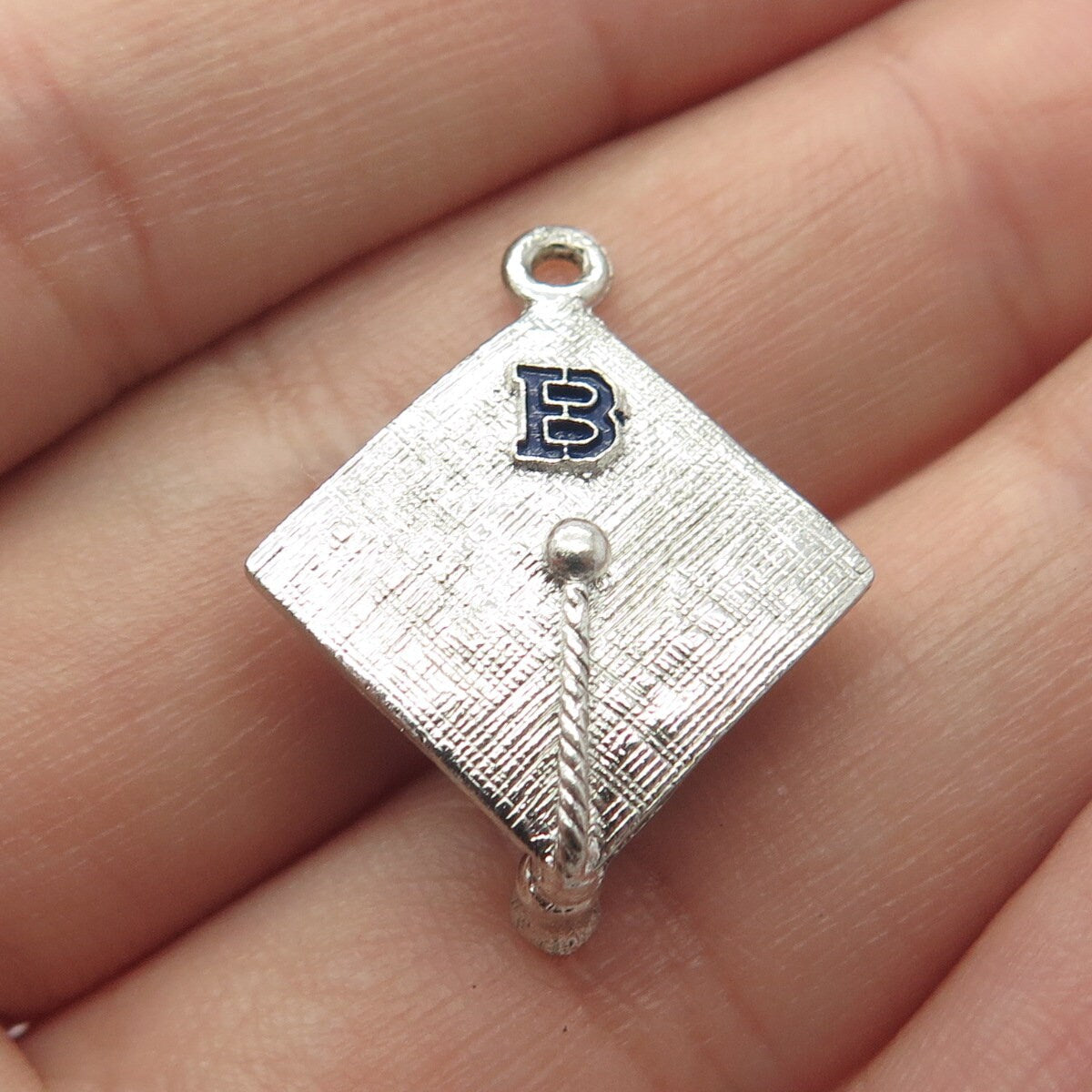 925 Sterling Silver Vintage Letter "B" Initial Graduation Cap 3D Charm Pendant