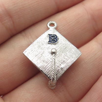 925 Sterling Silver Vintage Letter "B" Initial Graduation Cap 3D Charm Pendant