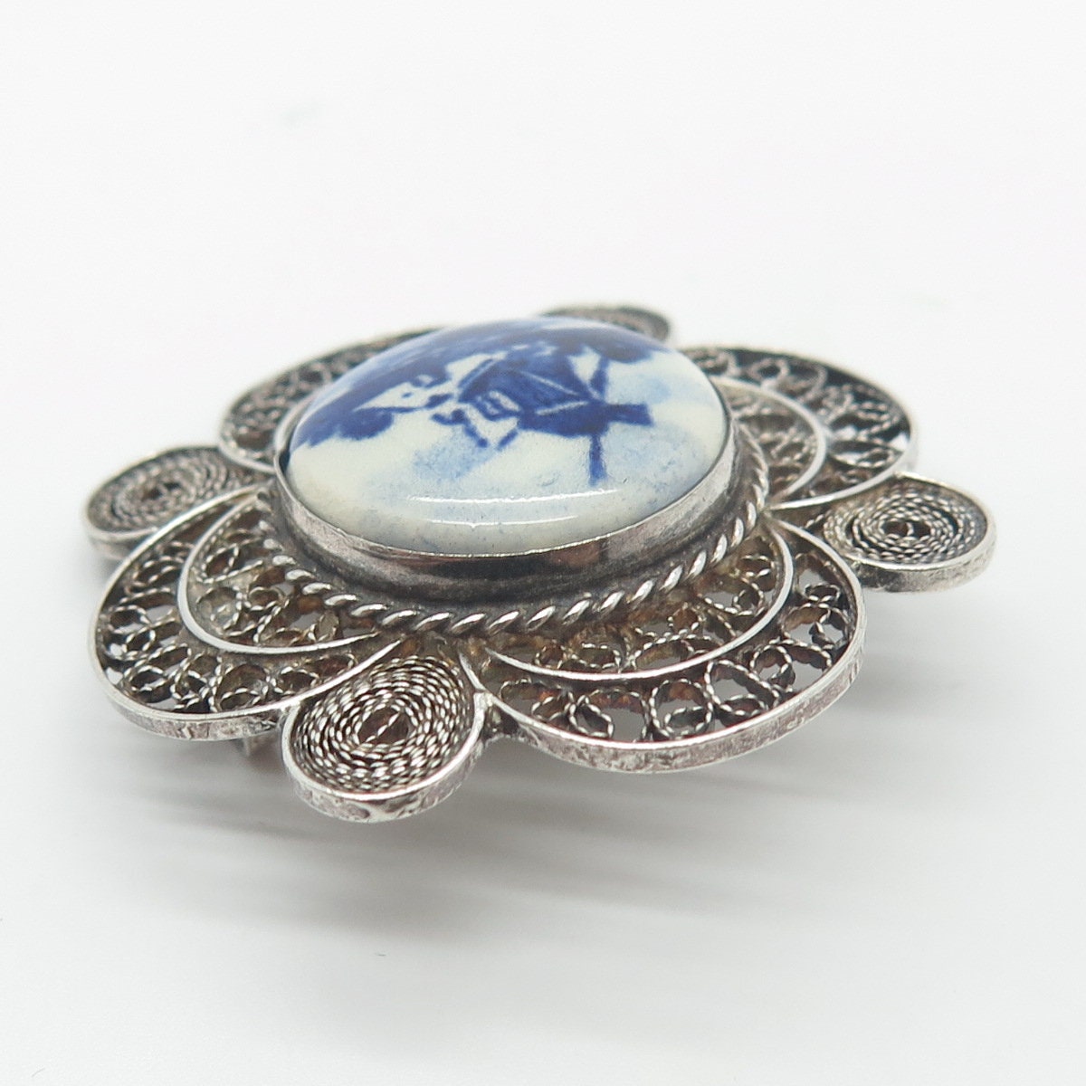 835 Silver Antique Ceramic Windmill Filigree Pin Brooch