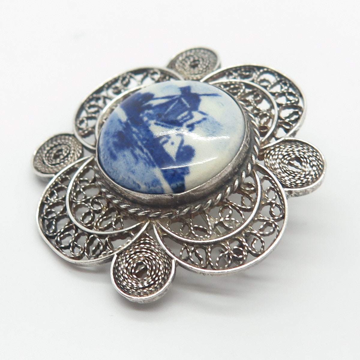 835 Silver Antique Ceramic Windmill Filigree Pin Brooch