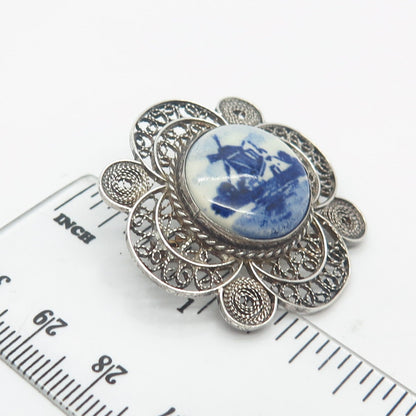 835 Silver Antique Ceramic Windmill Filigree Pin Brooch