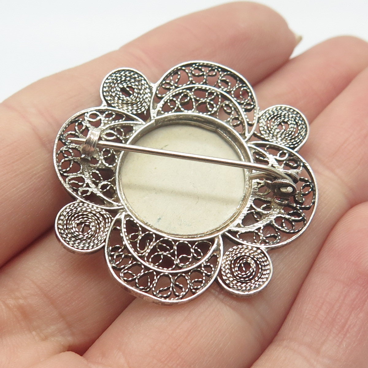 835 Silver Antique Ceramic Windmill Filigree Pin Brooch