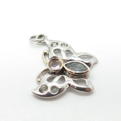 925 Sterling Silver 2-Tone Vintage Amethyst & Blue Topaz Gem Butterfly Pendant