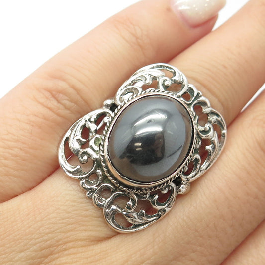 800 Silver Vintage Real Hematite Gemstone Ornate Ring Size 6.25