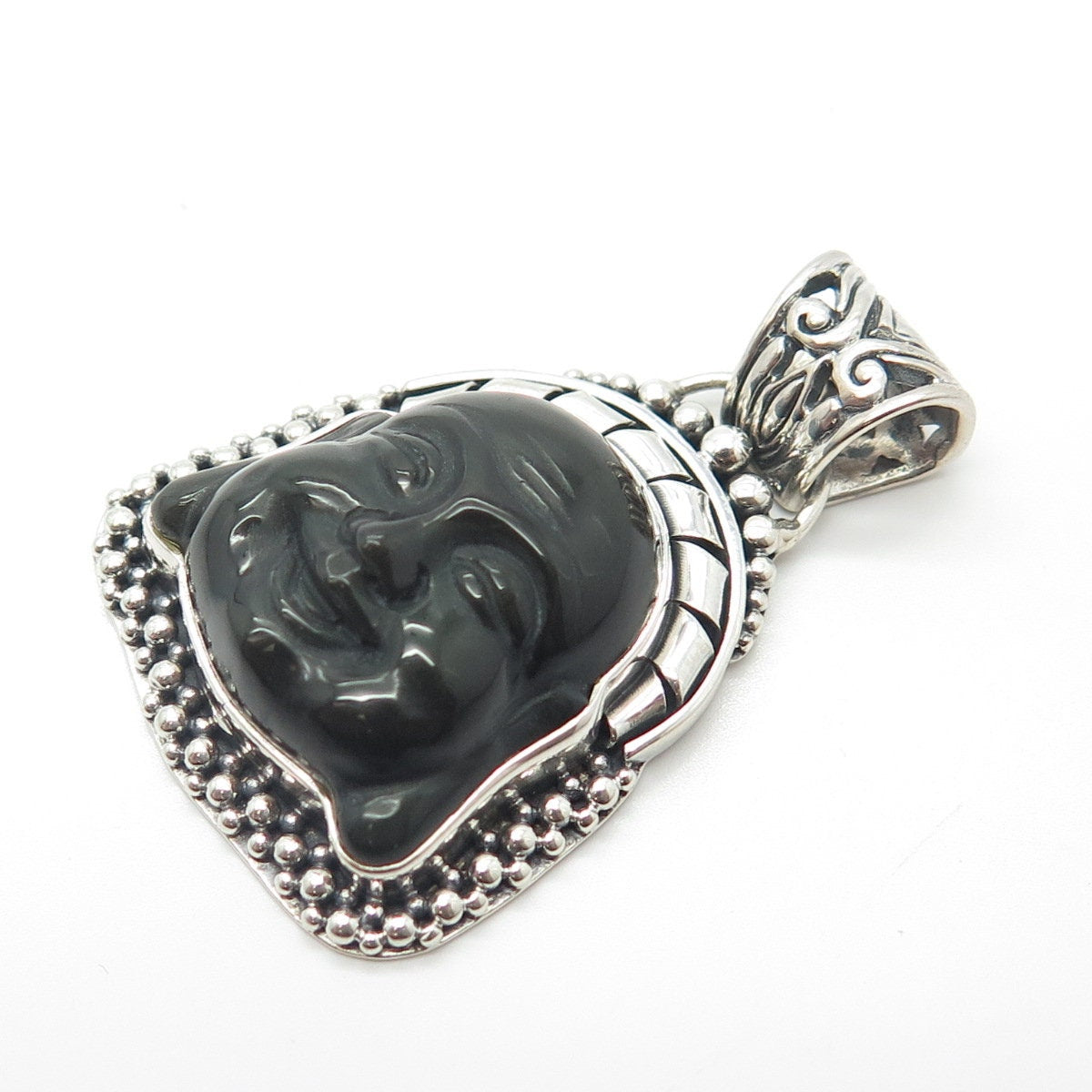 925 Sterling Silver Vintage Real Black Onyx Gemstone Tribal Face Pendant