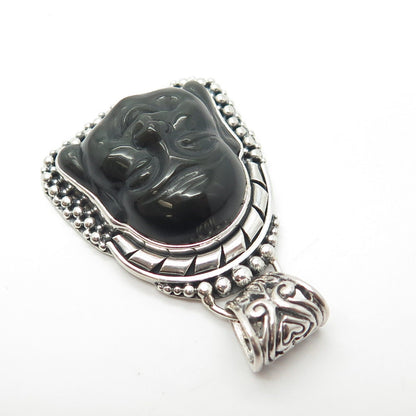 925 Sterling Silver Vintage Real Black Onyx Gemstone Tribal Face Pendant
