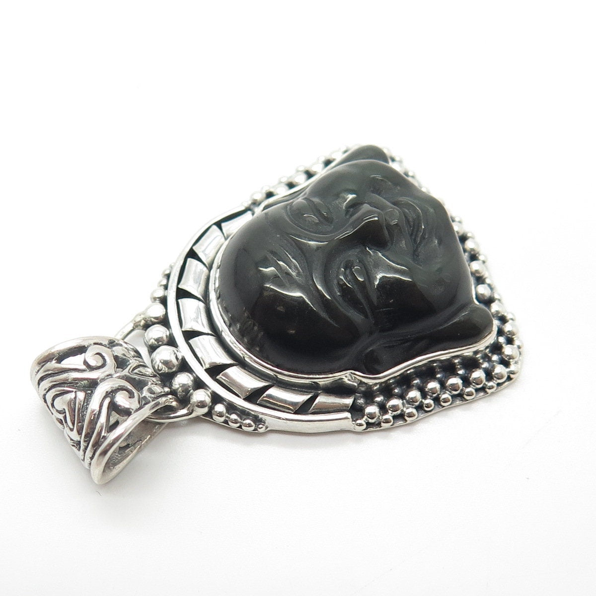 925 Sterling Silver Vintage Real Black Onyx Gemstone Tribal Face Pendant