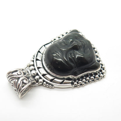 925 Sterling Silver Vintage Real Black Onyx Gemstone Tribal Face Pendant