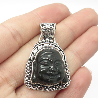 925 Sterling Silver Vintage Real Black Onyx Gemstone Tribal Face Pendant