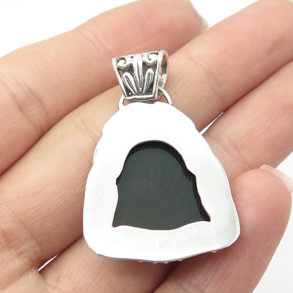 925 Sterling Silver Vintage Real Black Onyx Gemstone Tribal Face Pendant