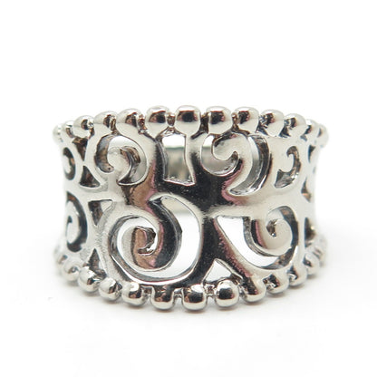 925 Sterling Silver Vintage Concaved Scroll & Beaded Ring Size 8