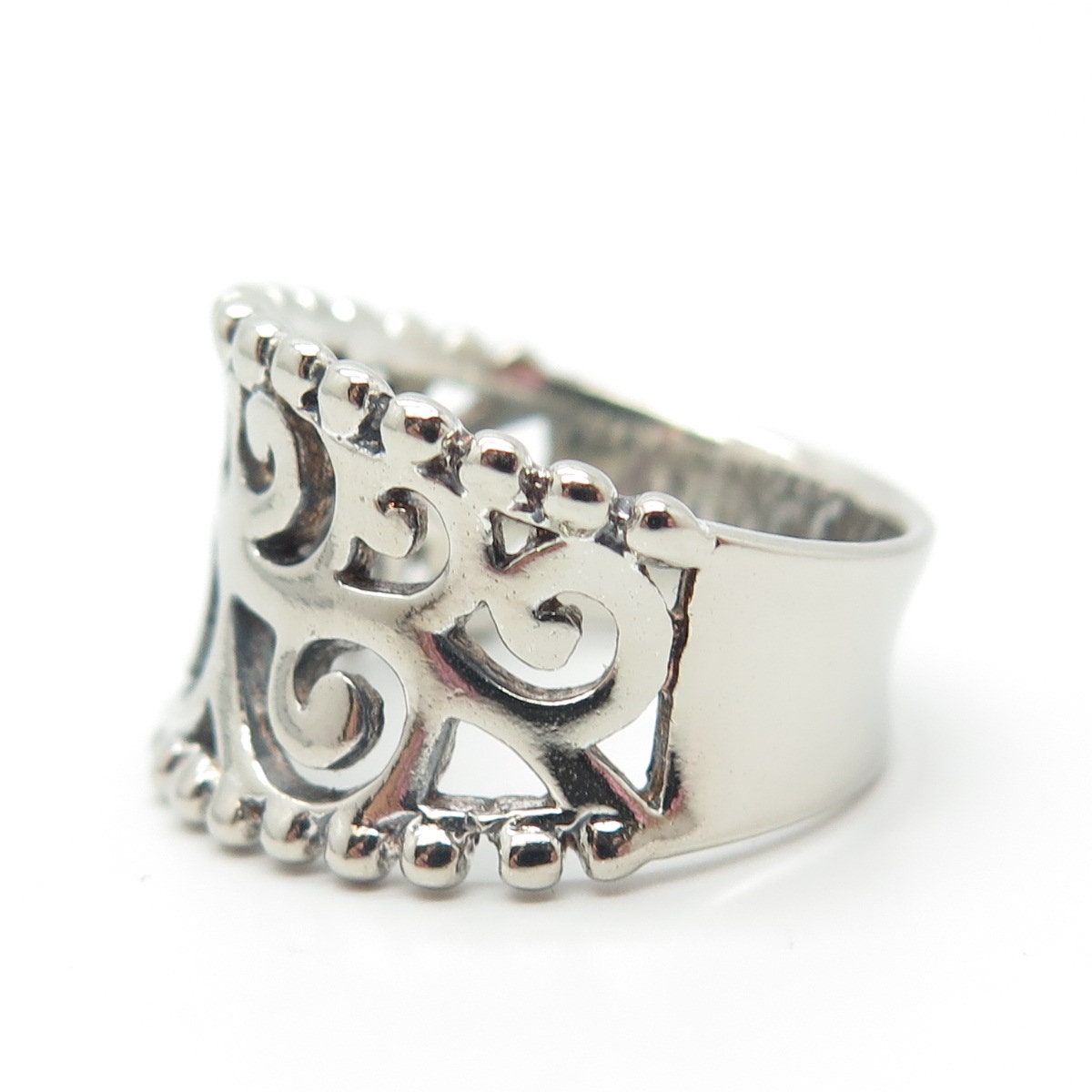 925 Sterling Silver Vintage Concaved Scroll & Beaded Ring Size 8