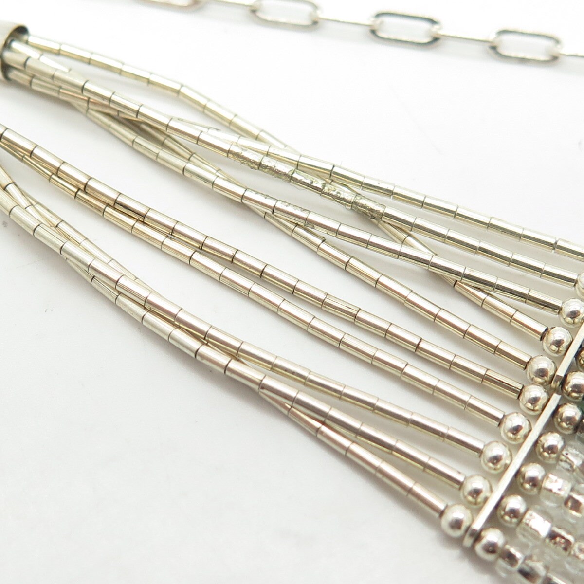 925 Sterling Silver Vintage White Green Beads 5-Row Liquid Chain Necklace 12-18"