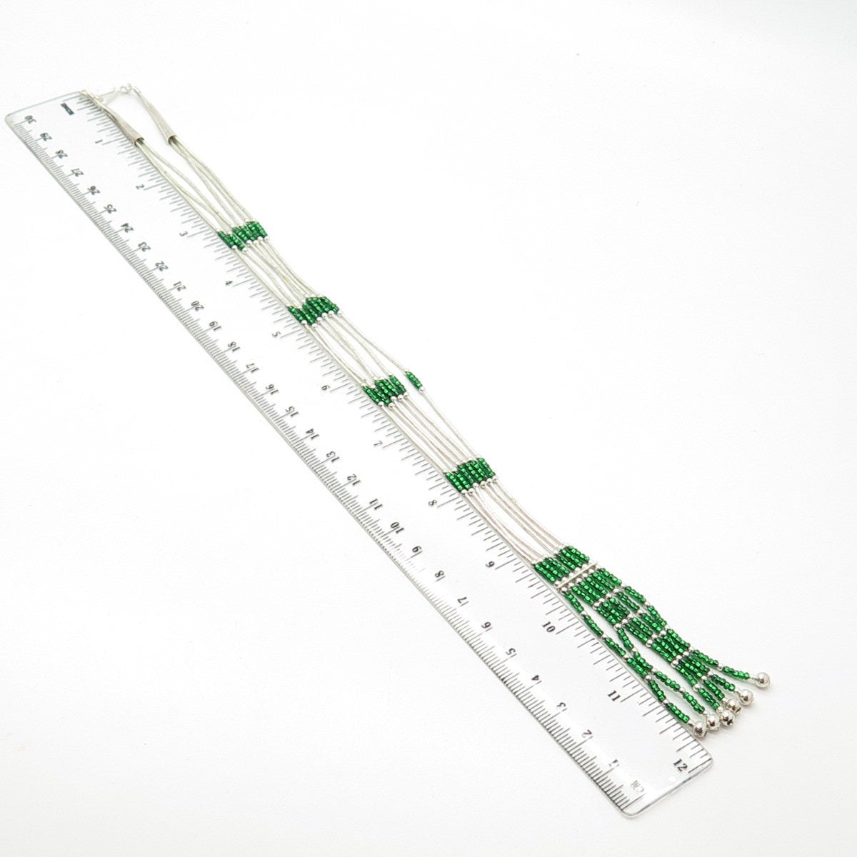 925 Sterling Silver Vintage Sunrise Green Beads Liquid Tribal Chain Necklace 20"