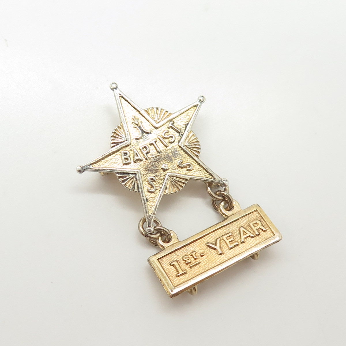 925 Sterling Silver Gold Plated Antique Art Deco "Baptist 1st Year" Pin Brooch