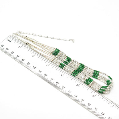 925 Sterling Silver Vintage White Green Beads 5-Row Liquid Chain Necklace 12-18"