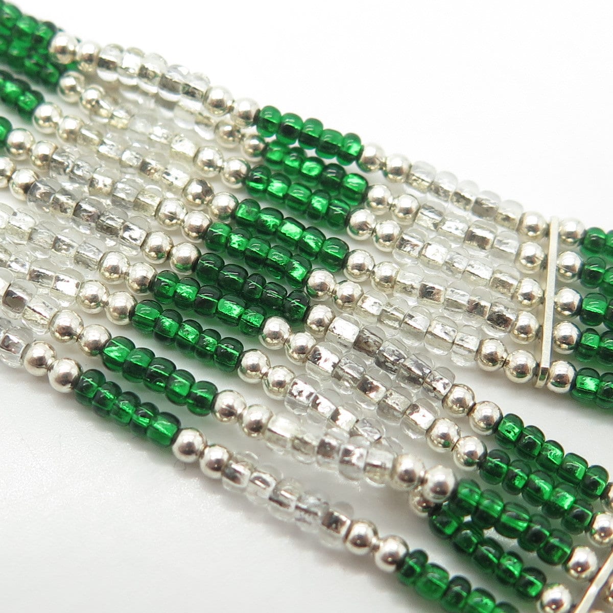 925 Sterling Silver Vintage White Green Beads 5-Row Liquid Chain Necklace 12-18"