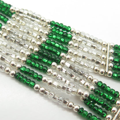 925 Sterling Silver Vintage White Green Beads 5-Row Liquid Chain Necklace 12-18"