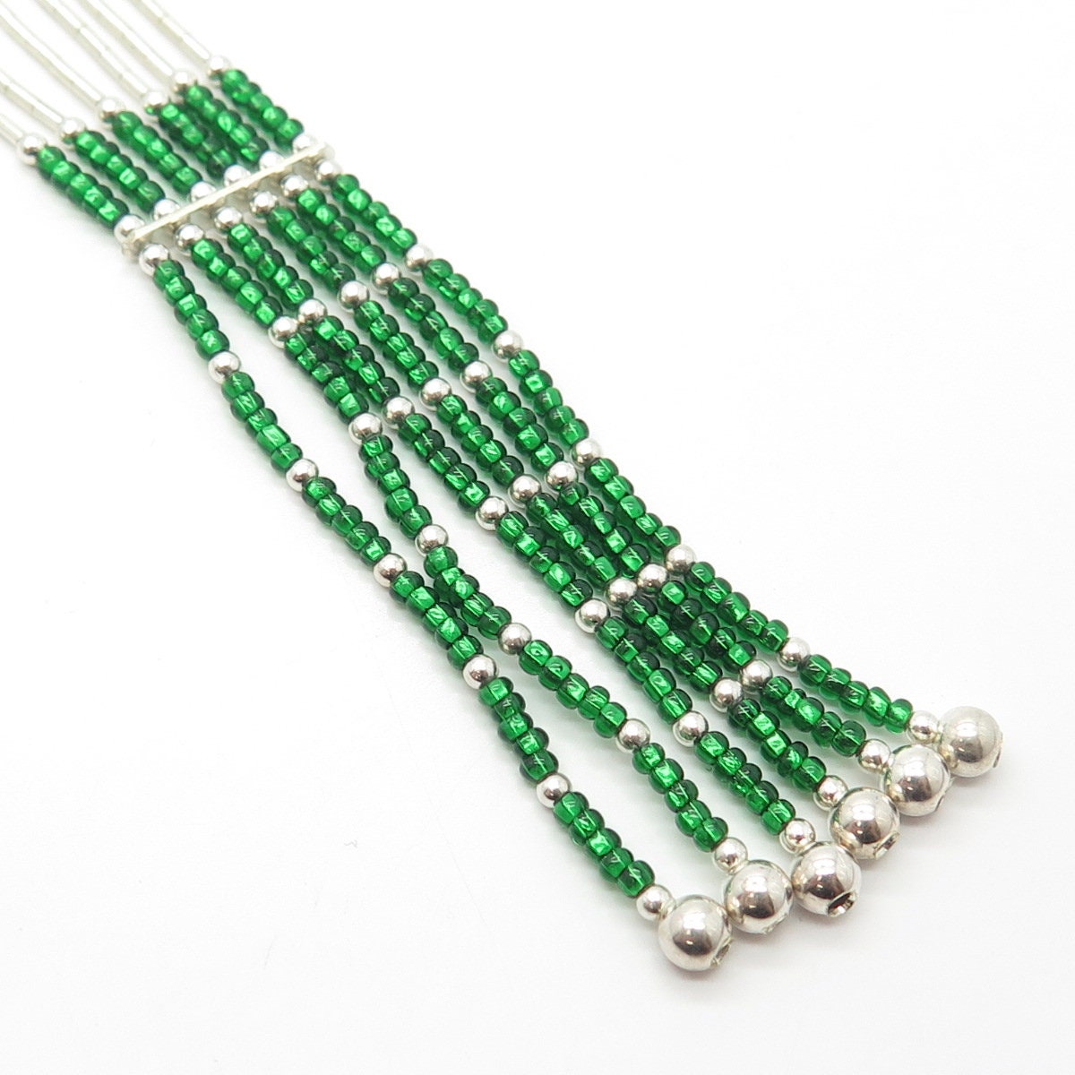 925 Sterling Silver Vintage Sunrise Green Beads Liquid Tribal Chain Necklace 20"