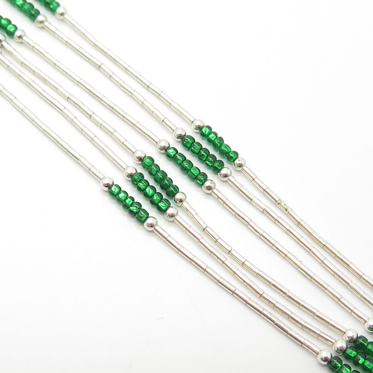 925 Sterling Silver Vintage Sunrise Green Beads Liquid Tribal Chain Necklace 20"