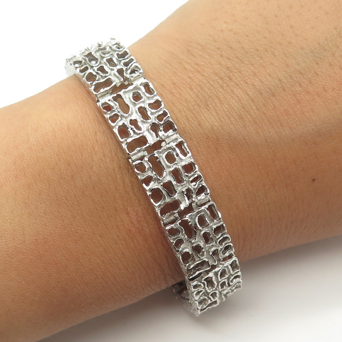 925 Sterling Silver Vintage Open Nugget Panel Link Bracelet 7"