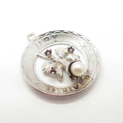 925 Sterling Silver Vintage Real Pearl Amethyst Gem "Happy Anniversary" Pendant