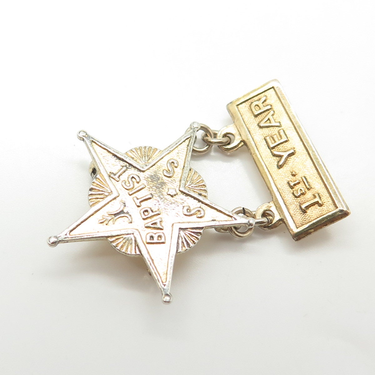 925 Sterling Silver Gold Plated Antique Art Deco "Baptist 1st Year" Pin Brooch