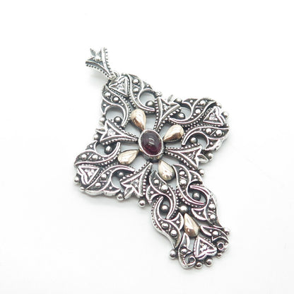 925 Sterling Silver 2-Tone Vintage Real Amethyst Cross Pendant