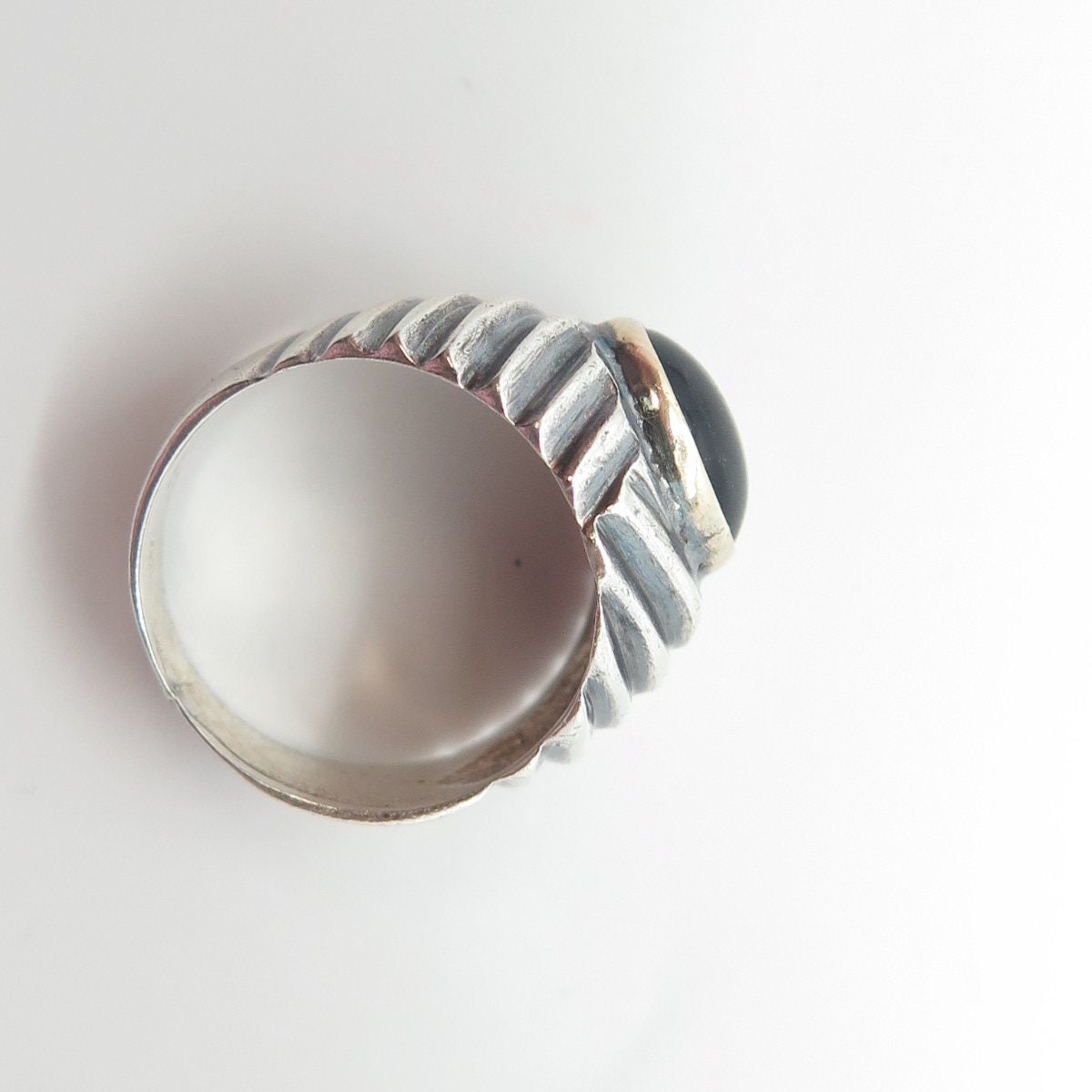 925 Sterling Silver & 14K Gold Vintage Real Cabochon Black Onyx Ring Size 5.25