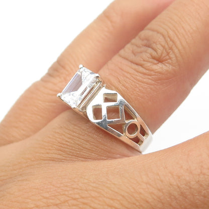 925 Sterling Silver Emerald-Cut Shaped C Z Cage Ring Size 6.25