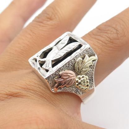 12K 2-Tone Gold & Sterling Silver Black Onyx Eagle Statement Ring Size 10