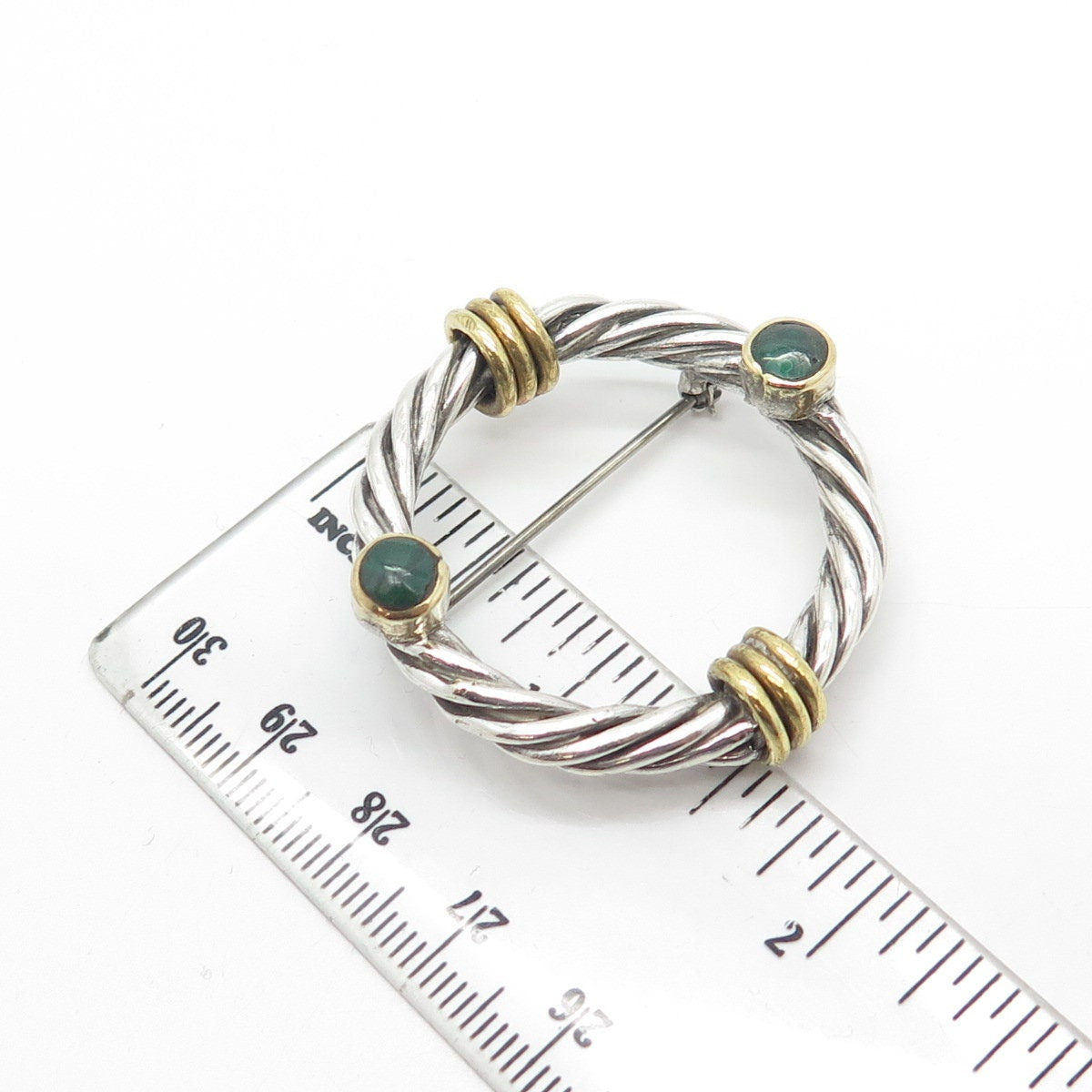 925 Sterling Silver 2-Tone Vintage Real Malachite Gemstone Twisted Pin Brooch