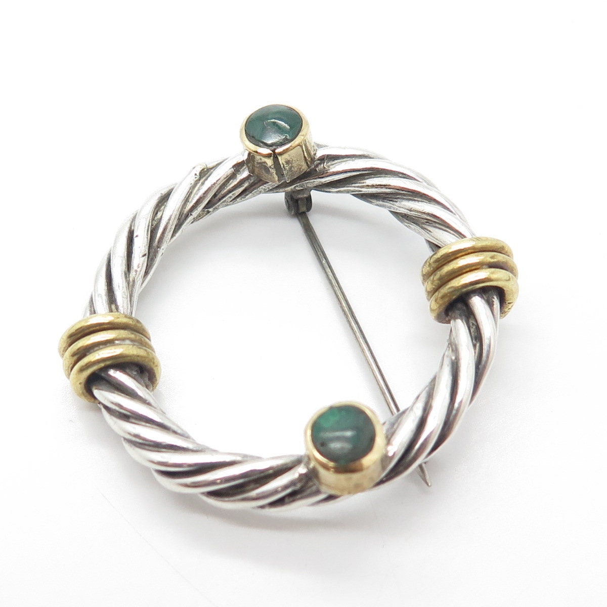 925 Sterling Silver 2-Tone Vintage Real Malachite Gemstone Twisted Pin Brooch