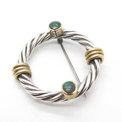 925 Sterling Silver 2-Tone Vintage Real Malachite Gemstone Twisted Pin Brooch