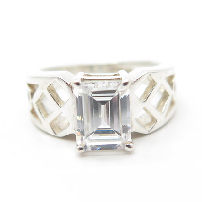 925 Sterling Silver Emerald-Cut Shaped C Z Cage Ring Size 6.25