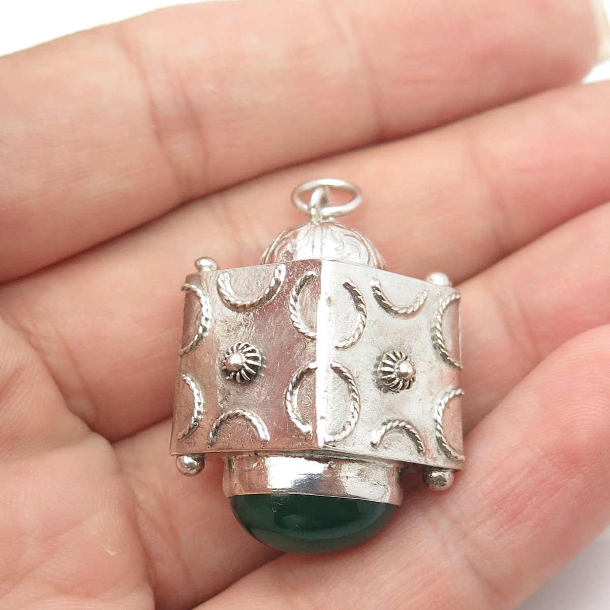 800 Silver Antique Art Deco Real Green Agate Gemstone Chatelaine Fob Pendant