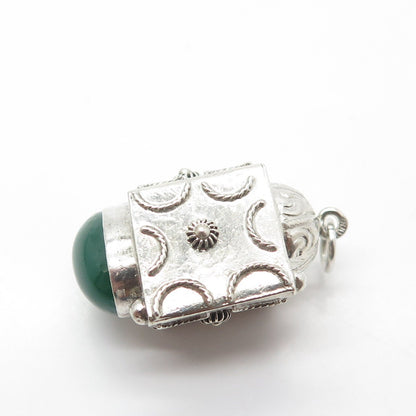 800 Silver Antique Art Deco Real Green Agate Gemstone Chatelaine Fob Pendant